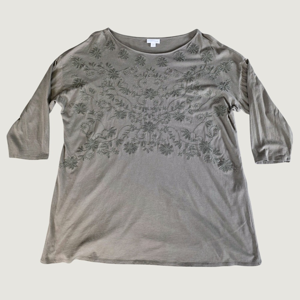 J. Jill Olive Green Embroidered Cotton Modal 3/4 Sleeve Top Large Petite